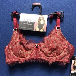 Sofia Vergara Intimates Eyelash Balconette‎ Lace Lined Cups Red/Gold 34B NWT